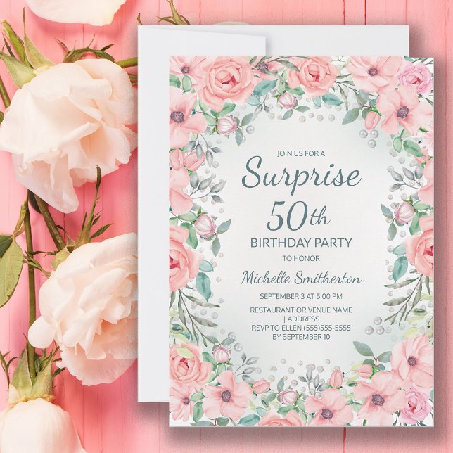 Fleurs de roses aquarelles roses perles 50e annive (Blush pink floral surprise 50th birthday party invitation customized with your text.)