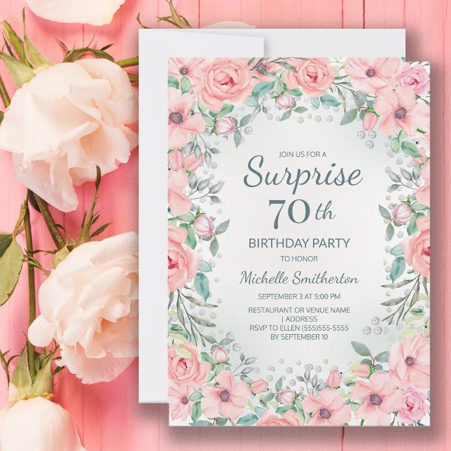 Fleurs de roses aquarelles roses perles 70e annive (Blush pink floral surprise 70th birthday party invitation customized with your text.)