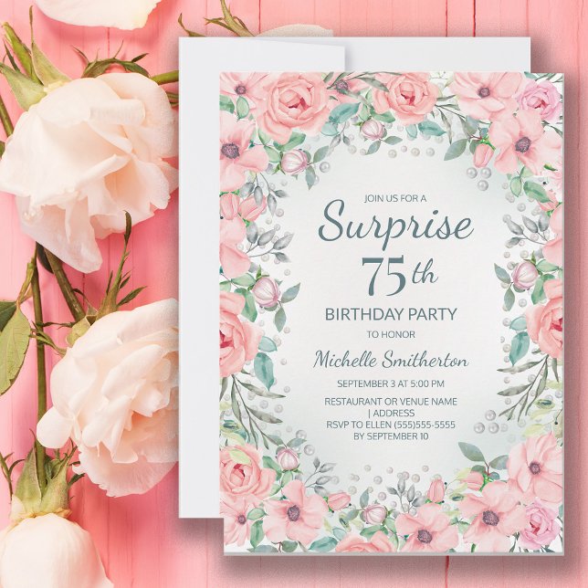 Fleurs de roses aquarelles roses perles 75e annive (Blush pink floral surprise 75th birthday party invitation customized with your text.)