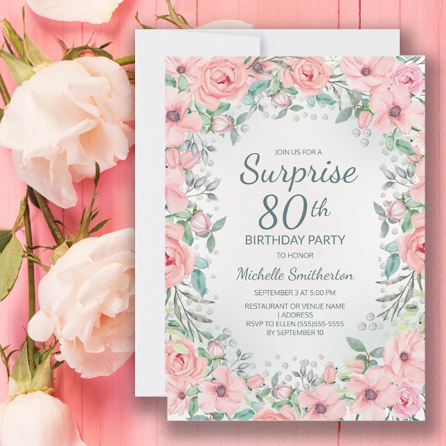 Fleurs de roses aquarelles roses perles 80e annive (Blush pink floral surprise 80th birthday party invitation customized with your text.)