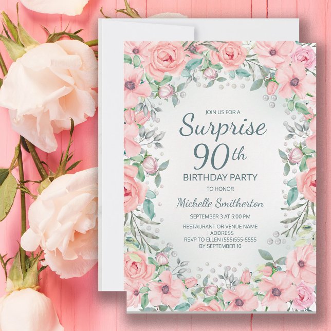 Fleurs de roses aquarelles roses perles 90e annive (Pink floral surprise 90th birthday party invitation customized with your text.)