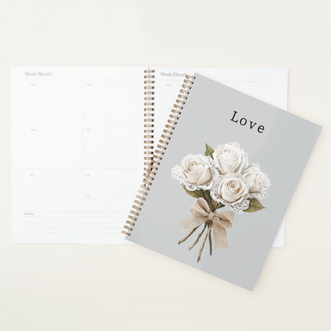 Fleurs de roses blanches en faux lace gris élégant (Devant avec enveloppe)