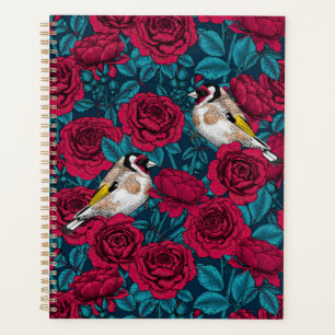 Fleurs de roses rouges et oiseaux d'or