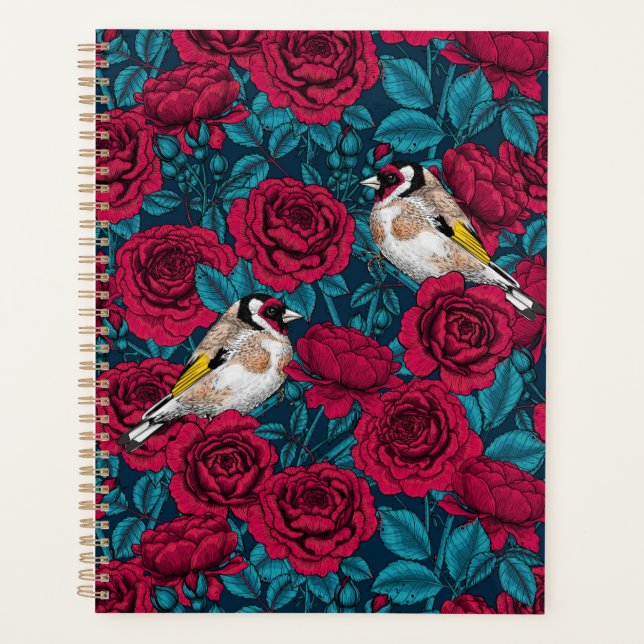 Fleurs de roses rouges et oiseaux d'or (Devant)