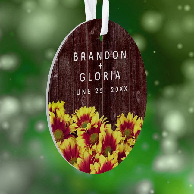 Fleurs de soleil d'automne rustiques sur Mariage d (Elegant Autumn Sunflowers on Rustic Wooden Fence Acrylic Ornament Cover Photo.)