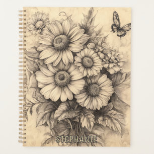 Fleurs de soleil et papillon - Papier vieilli rust