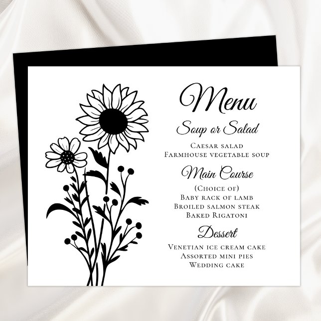 Fleurs de soleil noir blanc Floral menu Mariage (Créateur téléchargé)