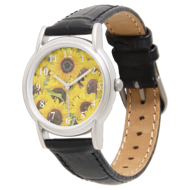 Fleurs de soleil sur la montre en cuir noir pour f (Incliné)