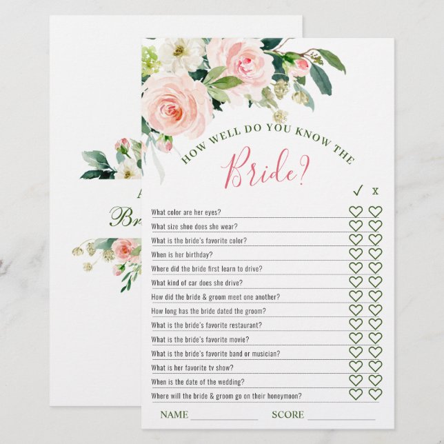 Fleurs de teint rose verdure jeu de Baby Shower de (Devant / Derrière)