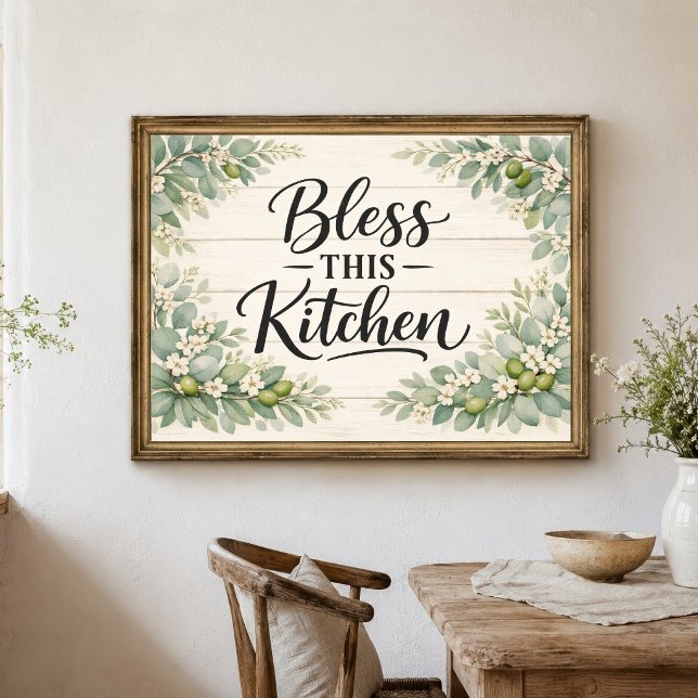 Fleurs de verdure Bénissez cette cuisine Art mural (Bless This Kitchen Farmhouse Country Rustic Kitchen Wall Art Poster Print. Greenery and Florals)