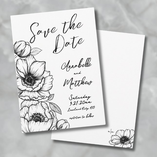 Fleurs Dessinées à la Main pour Mariage Carte de R (Hand Drawn Floral Wedding Save The Date)