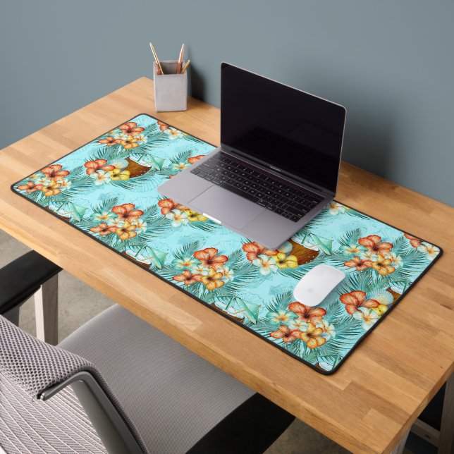 FLEURS D'HIBISCUS ET NOIX DE COCO VERTES ET CORAIL (Bureau 2)
