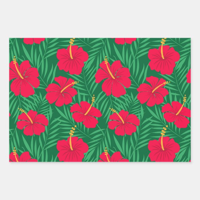 Fleurs d'Hibiscus Rouge sur Feuilles Tropicales Ve (Devant)