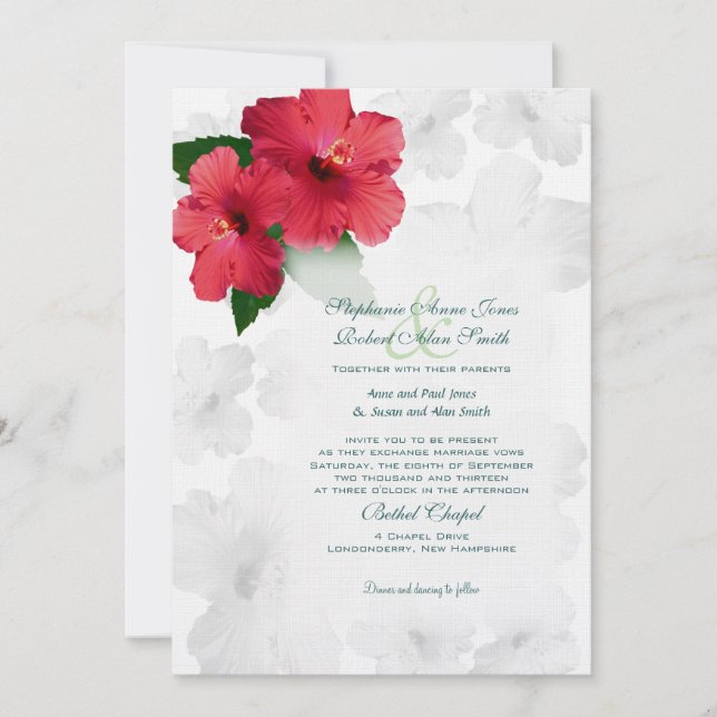 Fleurs d'hibiscus rouges, invitation de mariage pe (Devant)