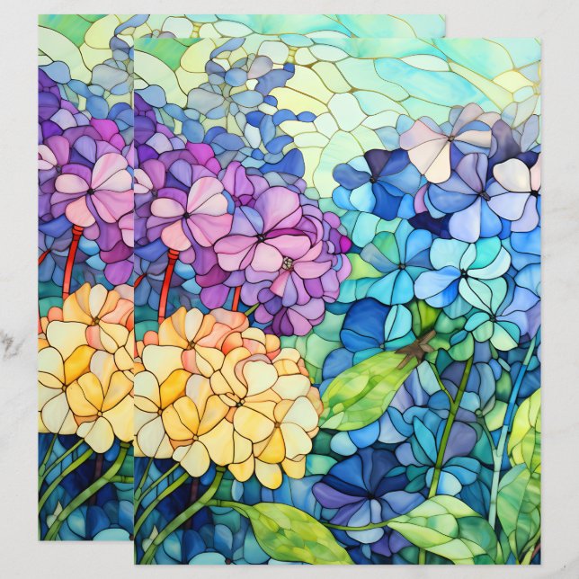 Fleurs d'hortensia en vitrail découpage de papier  (Devant / Derrière)
