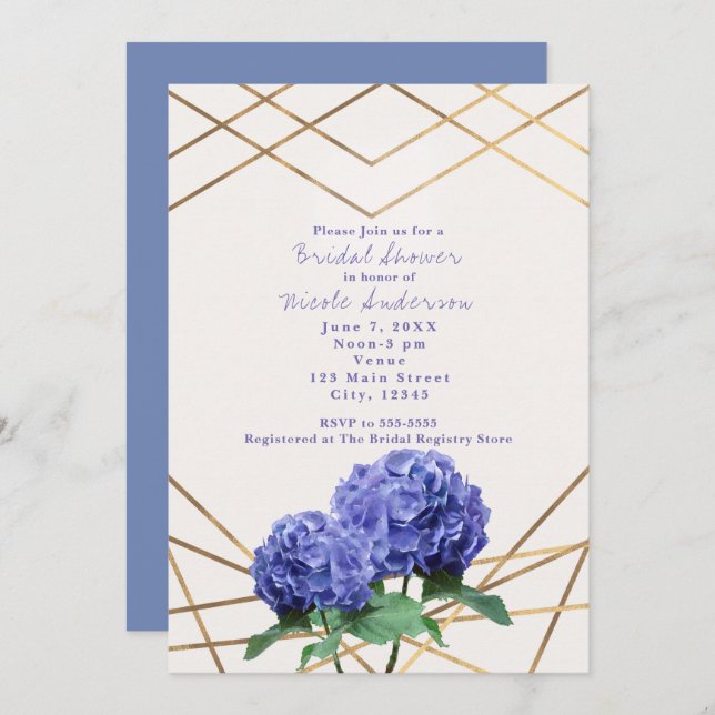 Fleurs d'Hydrangea et lignes d'or Invitations élég (Devant / Derrière)