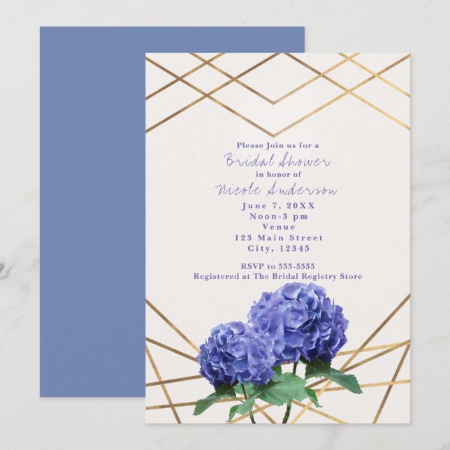 Fleurs d'Hydrangea & Lignes Dorées Invitations Élé (Devant / Derrière)