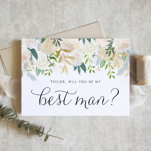 Fleurs D'Ivoire Douce Serez-Vous Mon Meilleur Homm (Elegant Best Man proposal card with watercolor flowers in neutral shades and greenery.)