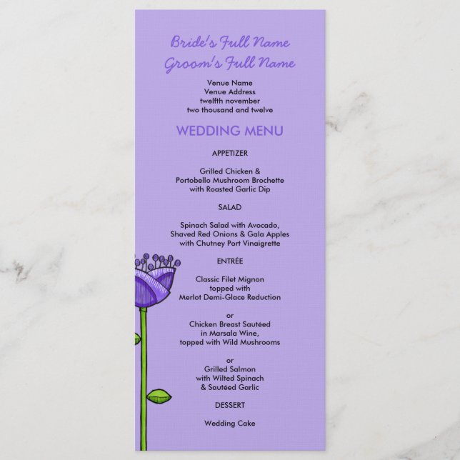 Fleurs Doodle amusantes Menu de mariage violet ora (Devant)