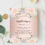 Fleurs d'or roses Sweet 16 invitation budgétaire<br><div class="desc">Une invitation moderne, élégante et glamour pour une fête Sweet 16, 16e anniversaire. Un arrière - plan d'or rose aux fleurs roses rousses, rose. Le nom est écrit avec un script de style moderne écrit à la main. Personnalisez et ajoutez les détails de votre fête. 1 feuille = 1 invite...</div>