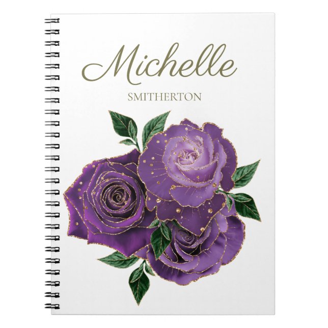 Fleurs d'or violet Carnet personnalisé blanc (Devant)