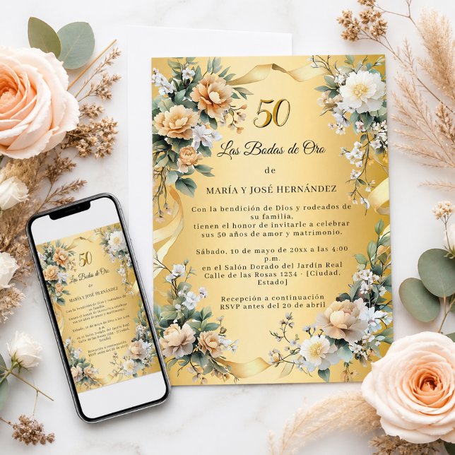 Fleurs Dorées Invitation Noces d'Or (Créateur téléchargé)
