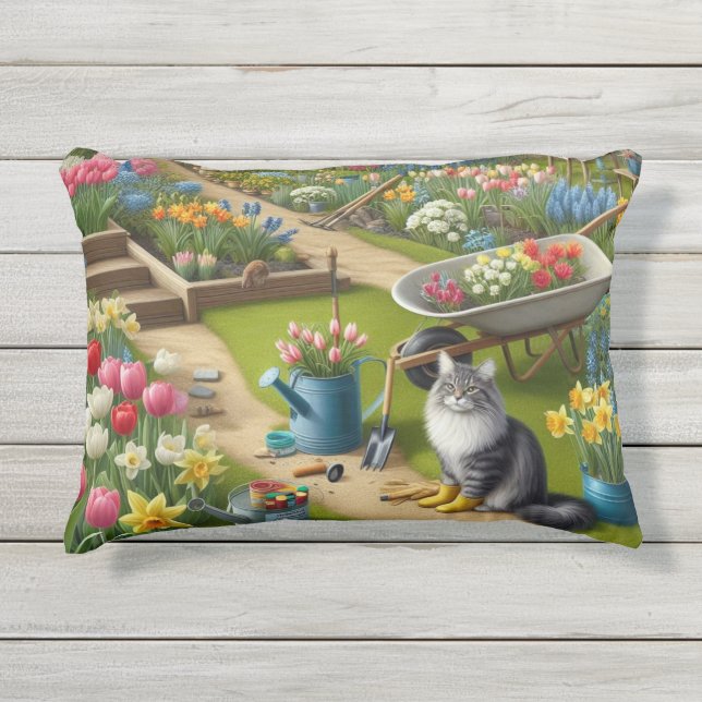 Fleurs du temps de jardin et chat Coussin d'ascens (Devant)