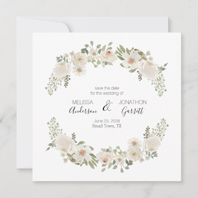 Fleurs élégantes de mariage blanc Save The Date (Devant)
