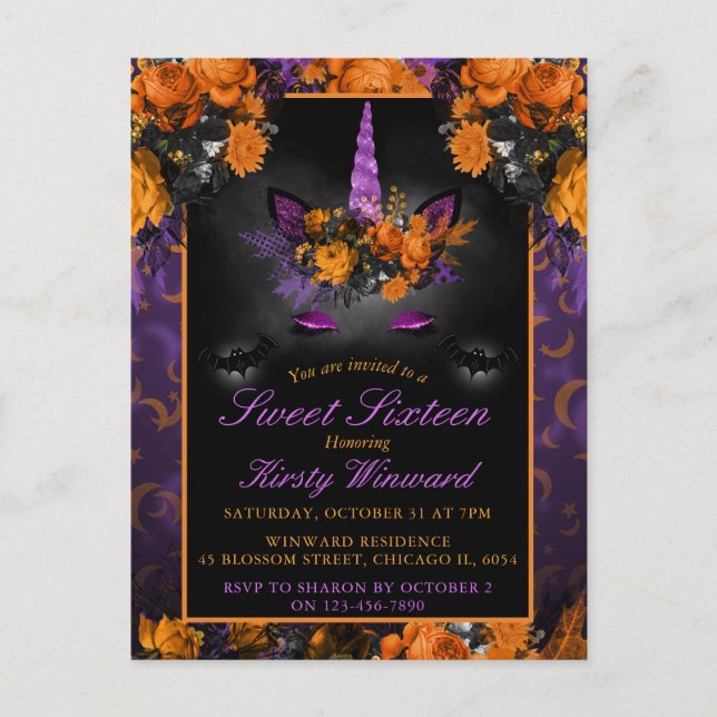 Fleurs élégantes d'Halloween Licorne Invitation Sw (Devant)