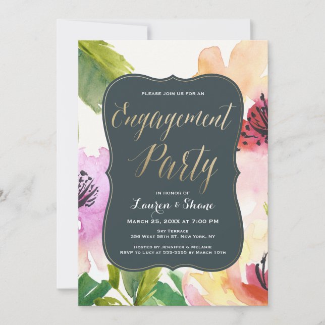 Fleurs élégantes Gold Engagement Party Invitation (Devant)