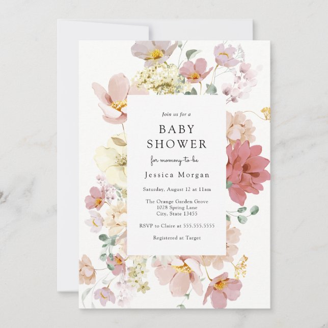 Fleurs en fleurs roses Invitation Baby shower (Devant)