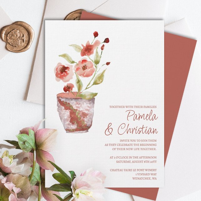 Fleurs en terre cuite, Invitations de mariage en p (terracotta clay potted plant simple wedding invitation rust copper pink light green leaves wedding )