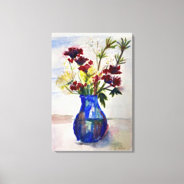 Fleurs en toile bleue Vase Aquarelle Imprimer (Recto)