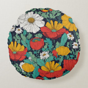 Fleurs ensoleillées : Coussin rond blanc et jaune