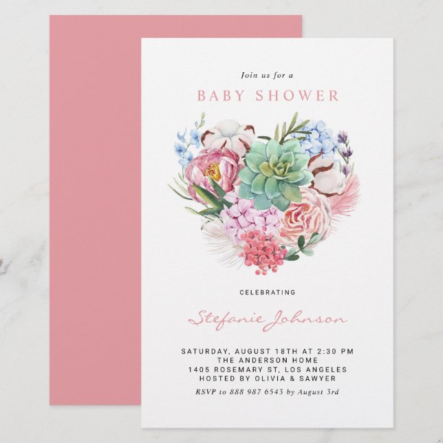 Fleurs et Baby shower cardiaque Succulent Invitati (Devant / Derrière)
