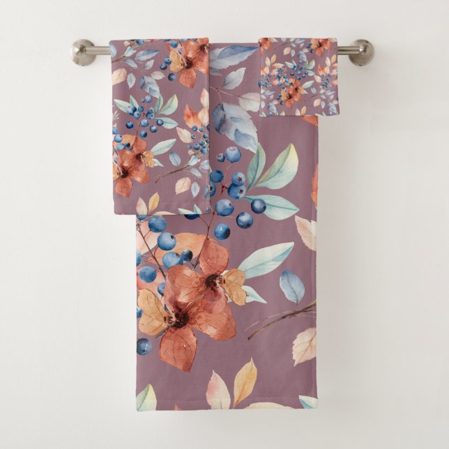 Fleurs et baies à l'aquarelle sur mauve (En situation)