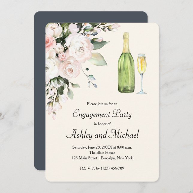 Fleurs et Champagne Engagement Party Invitation (Devant / Derrière)