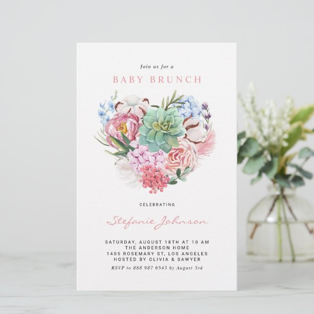 Fleurs et coeur Succulent Bébé Brunch Invitation (Debout devant)