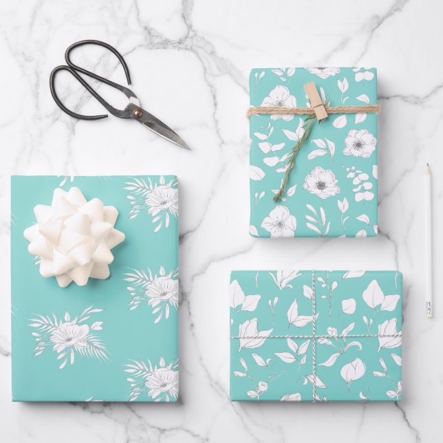 Fleurs et Feuilles blancs et aqua modernes (Recto)