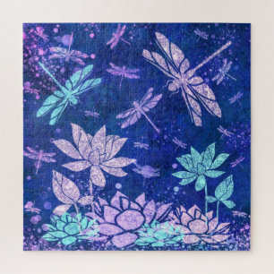 Fleurs et libellules bleu violet Puzzle
