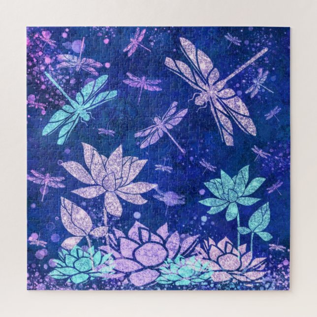 Fleurs et libellules bleu violet Puzzle (Vertical)