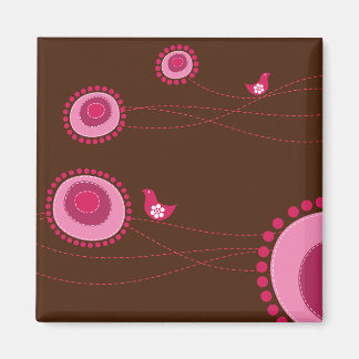 Fleurs et oiseaux rose pointillés Magnet