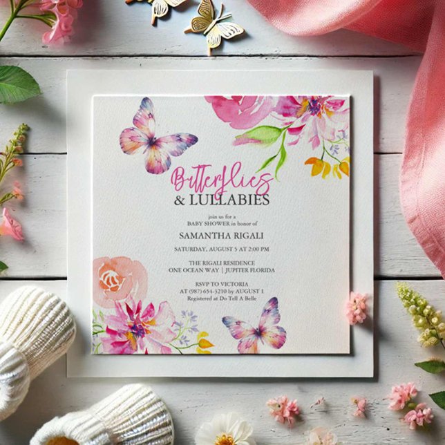 Fleurs et Papillon Baby Shower Invitations (Butterfly baby shower invitations watercolor art by Victoria Grigaliunas Do Tell A Belle)