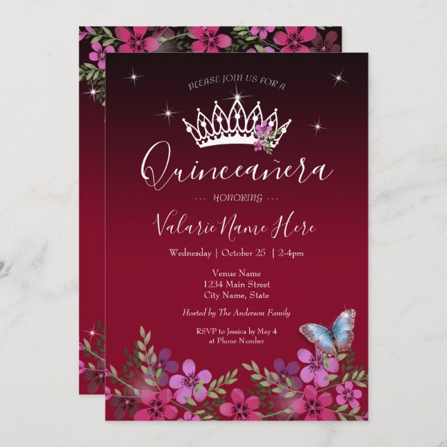 Fleurs et papillon Quinceanera Invitation (Devant / Derrière)