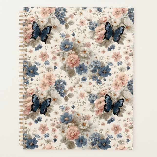 Fleurs et papillon roses et bleus de printemps vin (Devant)