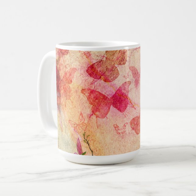 Fleurs Et Papillons Aquarelle, Mug De Café (Devant gauche)