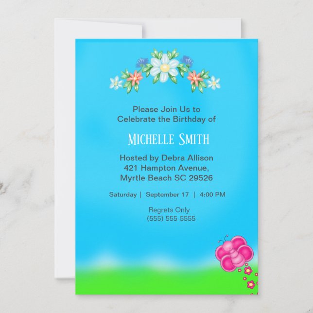 Fleurs et papillons Invitations d'anniversaire (Devant)