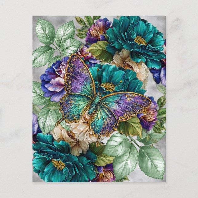 Fleurs et papillons sarcelle blanc violet (Devant)