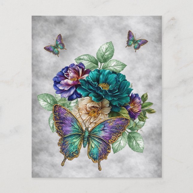 Fleurs et papillons sarcelle blanc violet (Devant)