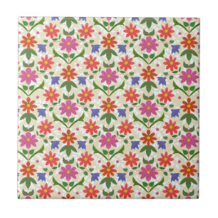 Fleurs et Points sur Ecru, Carreau de Céramique